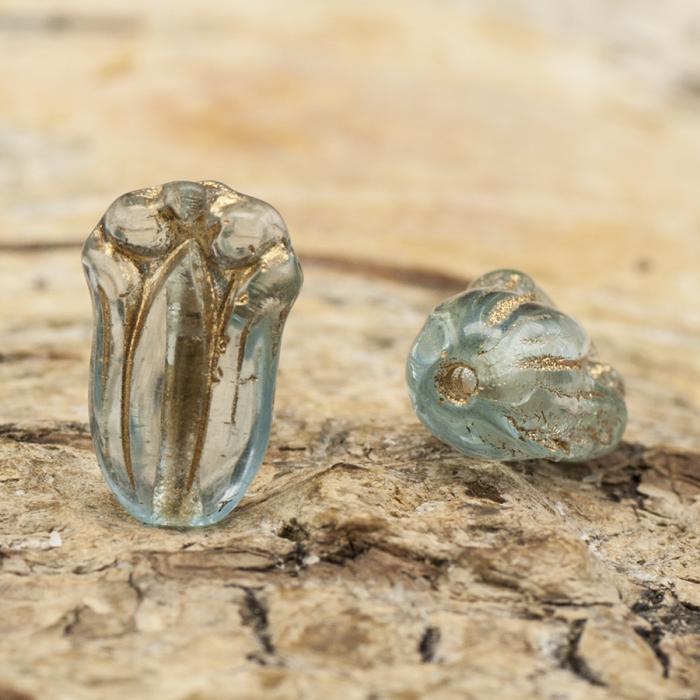 Glaspärla Kattass 8x11 mm, Blå/Guldfärg (10st)