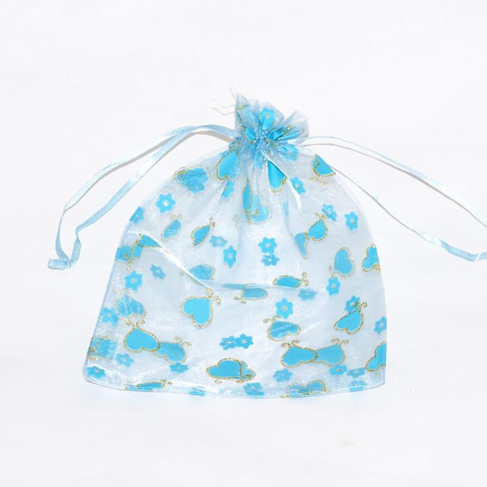 Tygpåse organza 15x20 cm, Turkos med guldhjärtan (st)