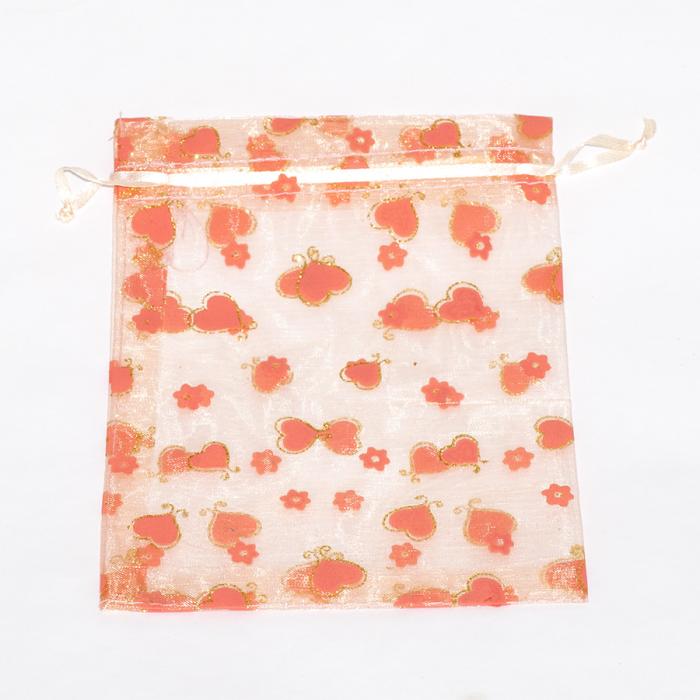 Tygpåse organza 15x20 cm, Laxrosa med guldhjärtan (st)
