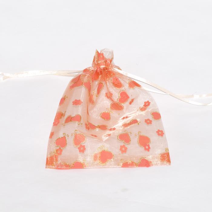 Tygpåse organza 15x20 cm, Laxrosa med guldhjärtan (st)