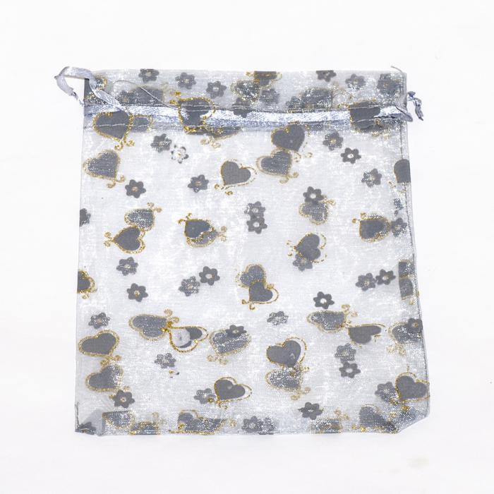 Tygpåse organza 15x20 cm, Grå med guldhjärtan (st)