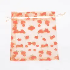 Tygpåse organza 15x20 cm, Laxrosa med guldhjärtan (st)