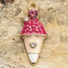 Berlock Glass 10x23 mm, Rosa/Vit/Guldfärg (st)