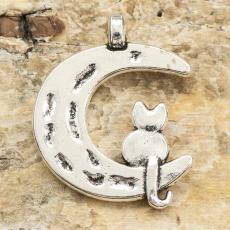 Berlock Katt i måne 22x18 mm, Antiksilver (4st)