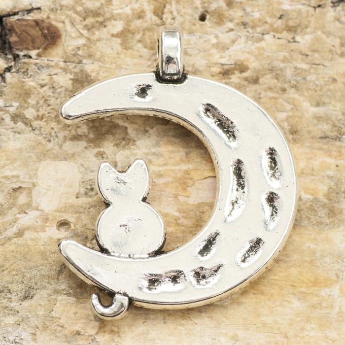 Berlock Katt i måne 22x18 mm, Antiksilver (4st)