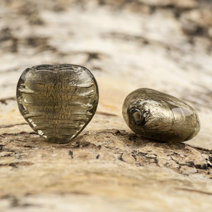 Glaspärla hjärta silverfoil 17x17 mm, Grå (st)