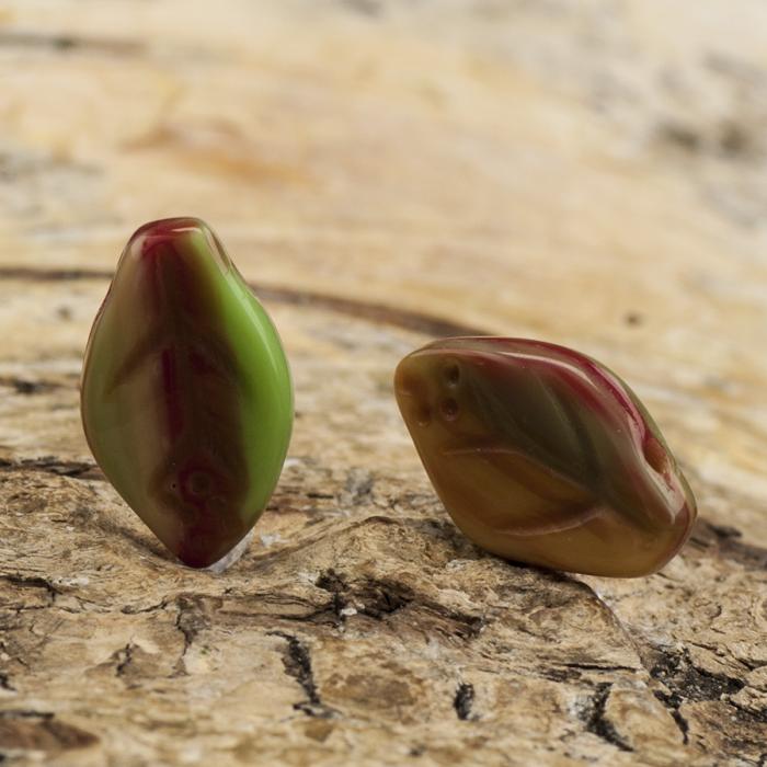 Glaspärla Löv 8x12 mm, Röd/Grön (10st)