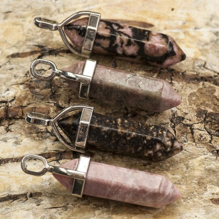 Hänge Bullet rodonit 37-40x12 mm, Rosa/Svart/Platinafärg (st)
