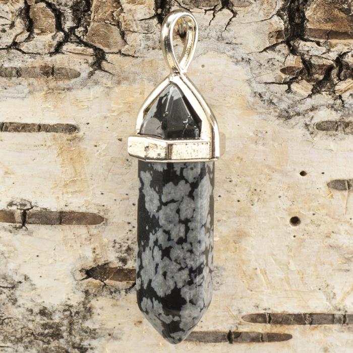 Hänge Bullet snöflingeobsidian 37-40x12 mm, Svart/Grå/Platinafärg (st)