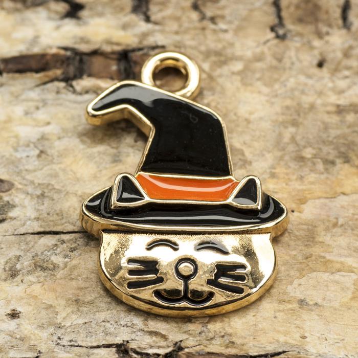 Berlock Häxkatt 15x24 mm, Svart/Orange/Guldfärg (st)