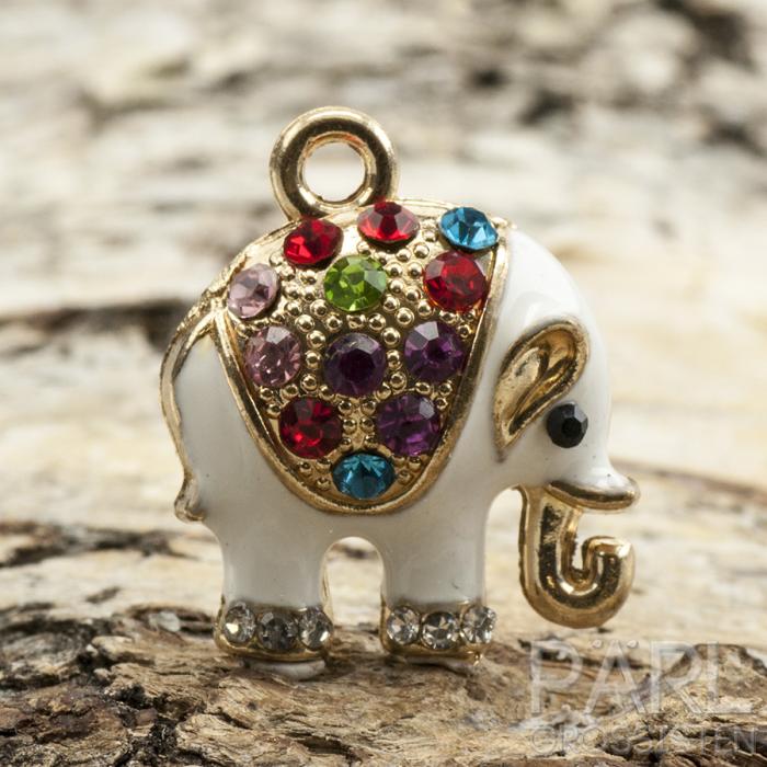 Berlock Elefant emalj/strass 18x15 mm, Vit/Guldfärg (st)