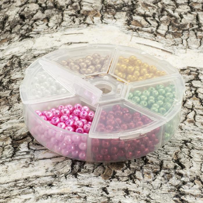 Box med vaxade glaspärlor 4 mm, Rosa/Grön/Vitmix (st)