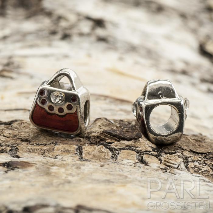 Ormlänkspärla Väska 10x9 mm, Klar/Röd/Silverfärg (st)