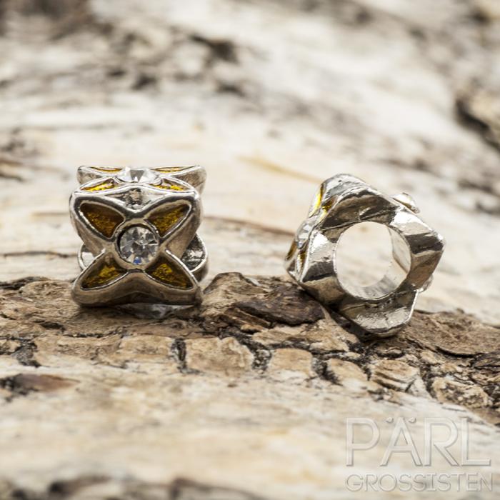 Ormlänkspärla emalj/strass 11,5x9,5 mm, Gul/Antiksilver (st)